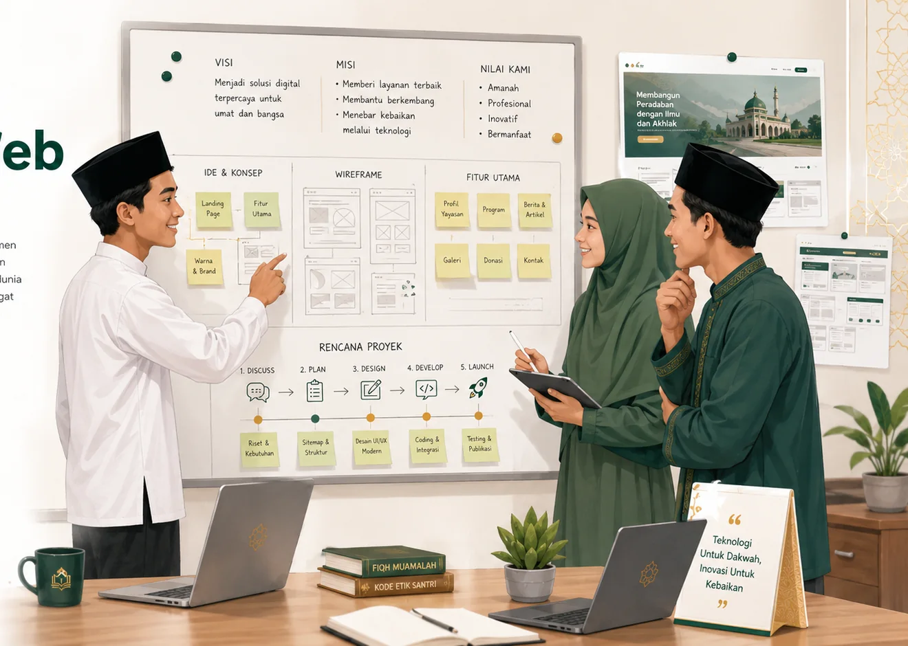 Tim santri AcehWeb berdiskusi di depan papan perencanaan proyek website