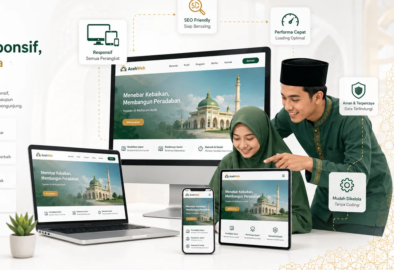 Tampilan website responsif pada komputer, laptop, tablet, dan ponsel